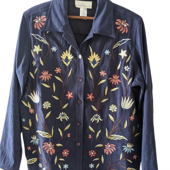 Susan Graver Shirt Jacket Navy Blue Floral Embroidered Button Down Soft Orange - Picture 2 of 5